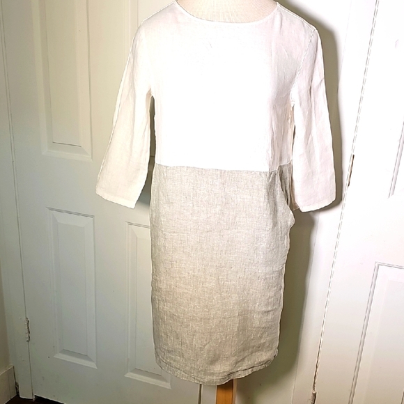 TAHARI Elegant White and Gray Women's 100% Linen Dress. 3/4 SLEEVES. Size XS - Picture 1 of 13